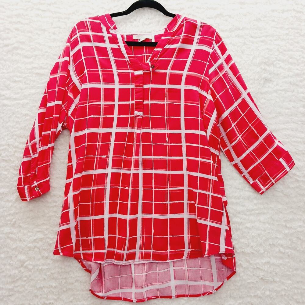 Blouse Coral Plaid Soft Girl Casual Chic Normcore Top High Low Hem Size 14 16